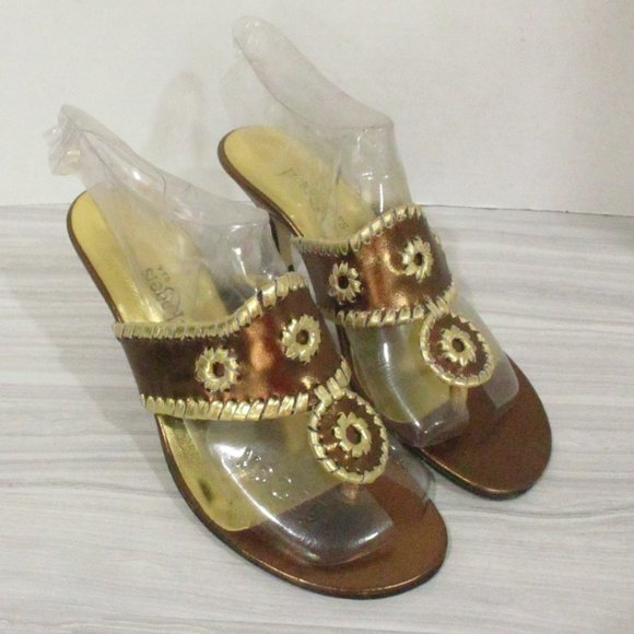 JACK ROGERS BRONZE/GOLD METALLIC TOE THONG SANDALS 3" HEEL - Picture 2 of 8